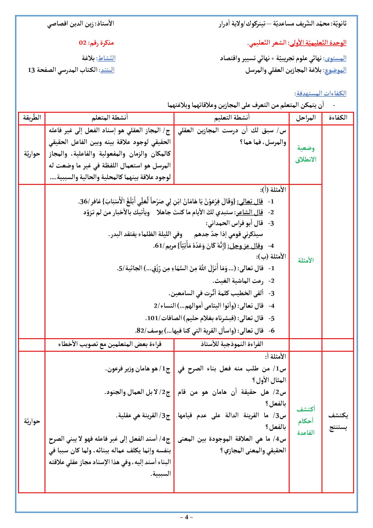 تحضير درس المجاز العقلي والمرسل 3 ثانوي علمي