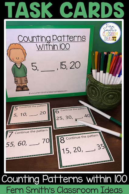 Do You Need Lesson Plans and Resources to Teach Counting Patterns Within 100 and Within 1,000? This blog post has lesson plans, task cards, color by number printables and center games for  and Second Grade Go Math 1.8 and 1.9, Counting Patterns Within 100 and Counting Patterns Within 1,000.  You will love how easy it is to prep this bundle for your math class. Perfect for small groups, read the room, centers, scoot, tutoring, Around the World whole class game, homework, seat work, so many ways to use these task cards that the possibilities are endless. Your students will enjoy the freedom of independent learning with these color by code worksheets and reviewing important skills with the center games and task cards! Perfect for an assessment grade for the week or for a substitute teacher day! #FernSmithsClassroomIdeas