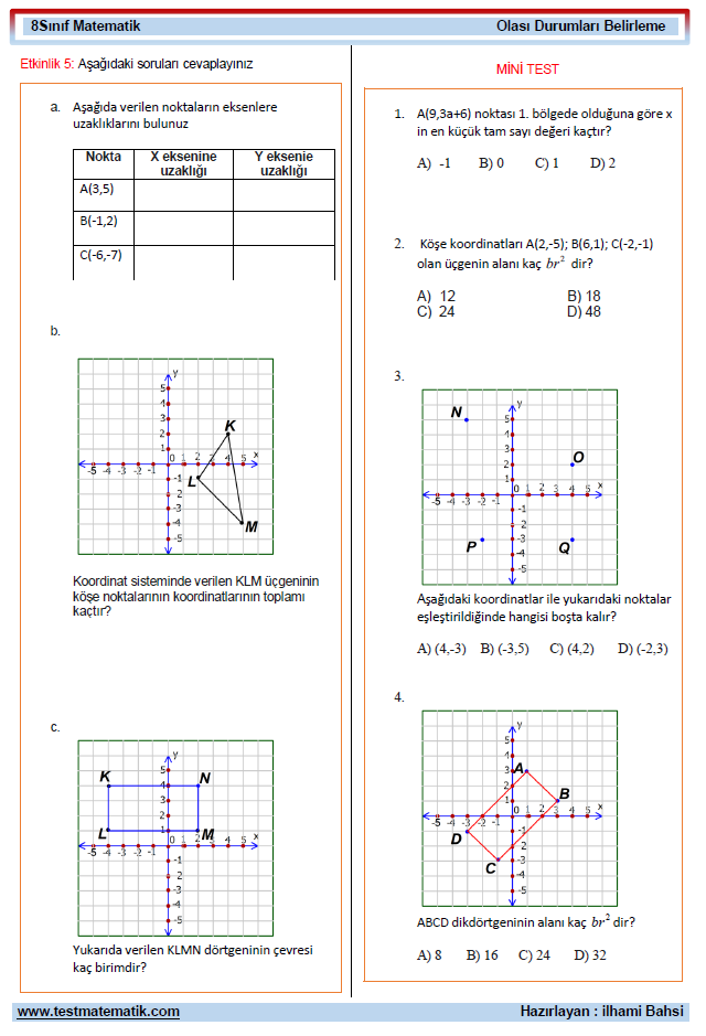 8 Sinif Dik Koordinat Sistemi Calisma Kagidi Test Matematik