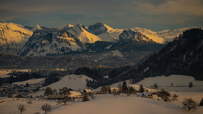 Mountains, Snow, Houses, Winter, Nature