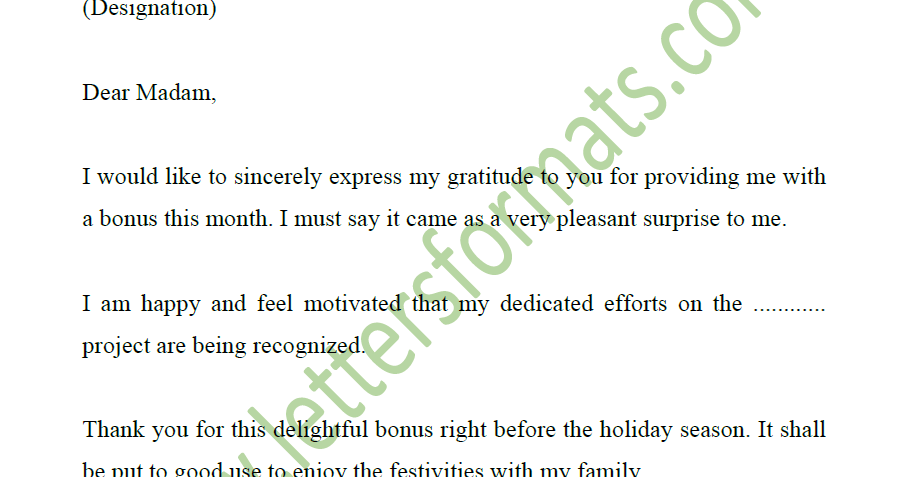 Thank You for Bonus Letter to Employer Email to Boss Sample