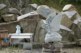 Stone carving  Cava Nardini quarry - ballerina and pinocchio on dove sculpture