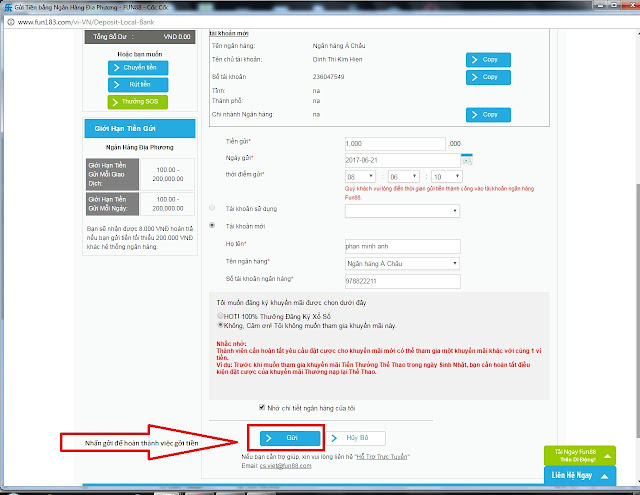 HƯỚNG DẪN GỞI TIỀN VÀO FUN88