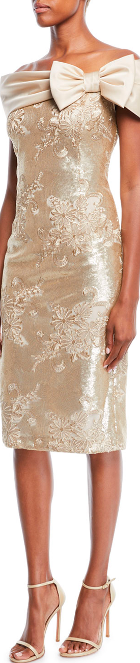 Rickie Freeman for Teri Jon Portrait-Neck w/ Bow Sequin Lace Sheath Cocktail Dress