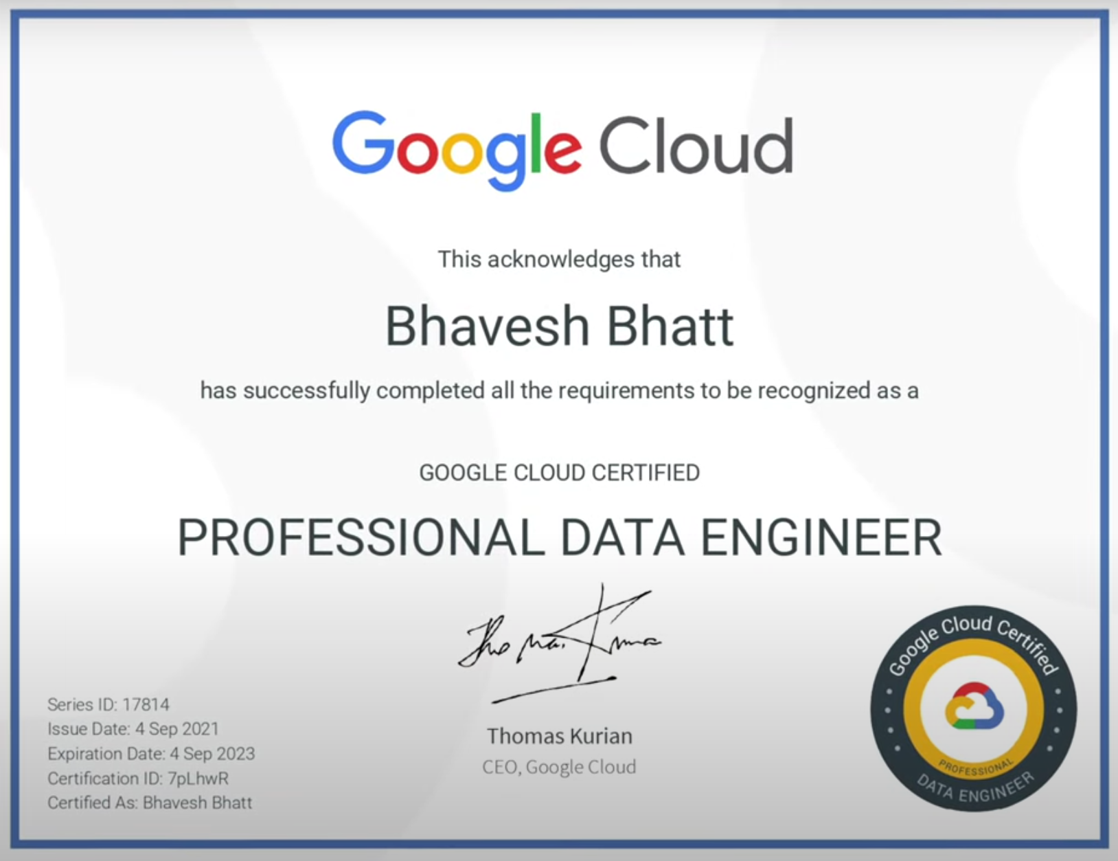 Image of Bhavesh's Google Cloud certificate