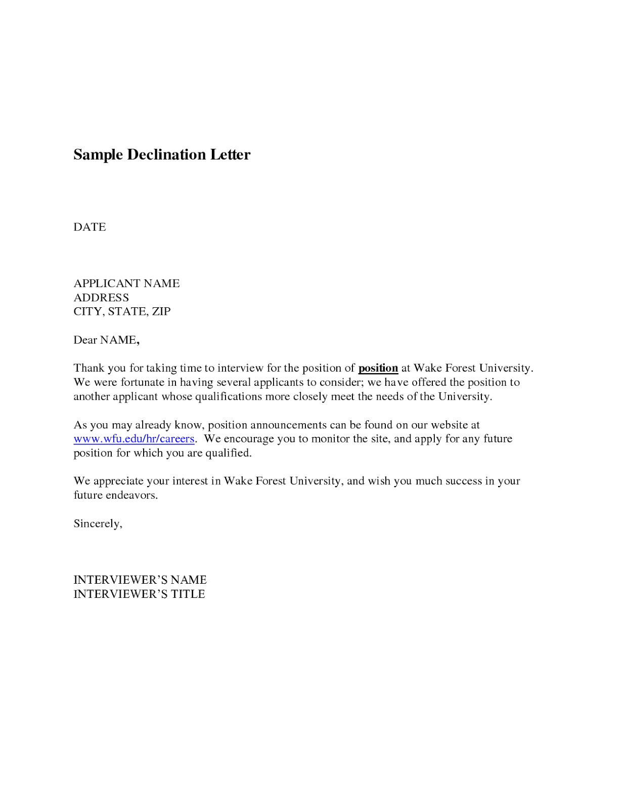Sample Cover Letter Job Position