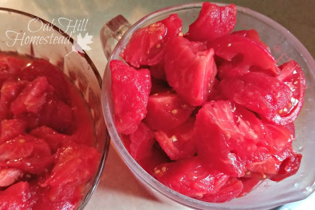Two glass bowls filled with peeled, chunked tomatoes.
