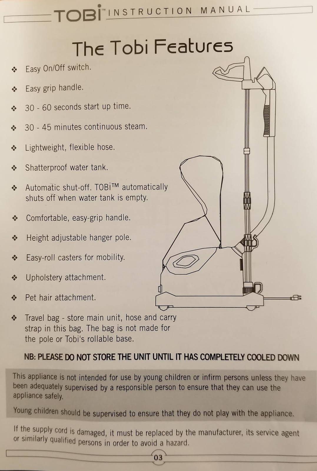 Find Your Manuals Here... Tobi Upright Steamer Model EC1633 Instrucion