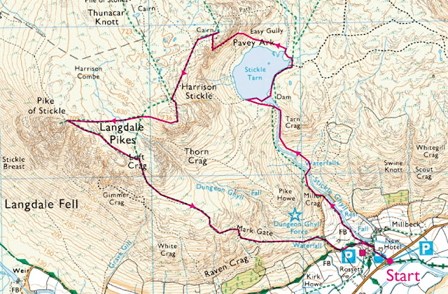 Map Langdale Pikes, Jacks rake, Ambleside, Windermere, Pavey Ark, HARRISON STICKLE, Pike of Stickle, Old Dungeon Ghyll Hotel, Lake District Walks Best