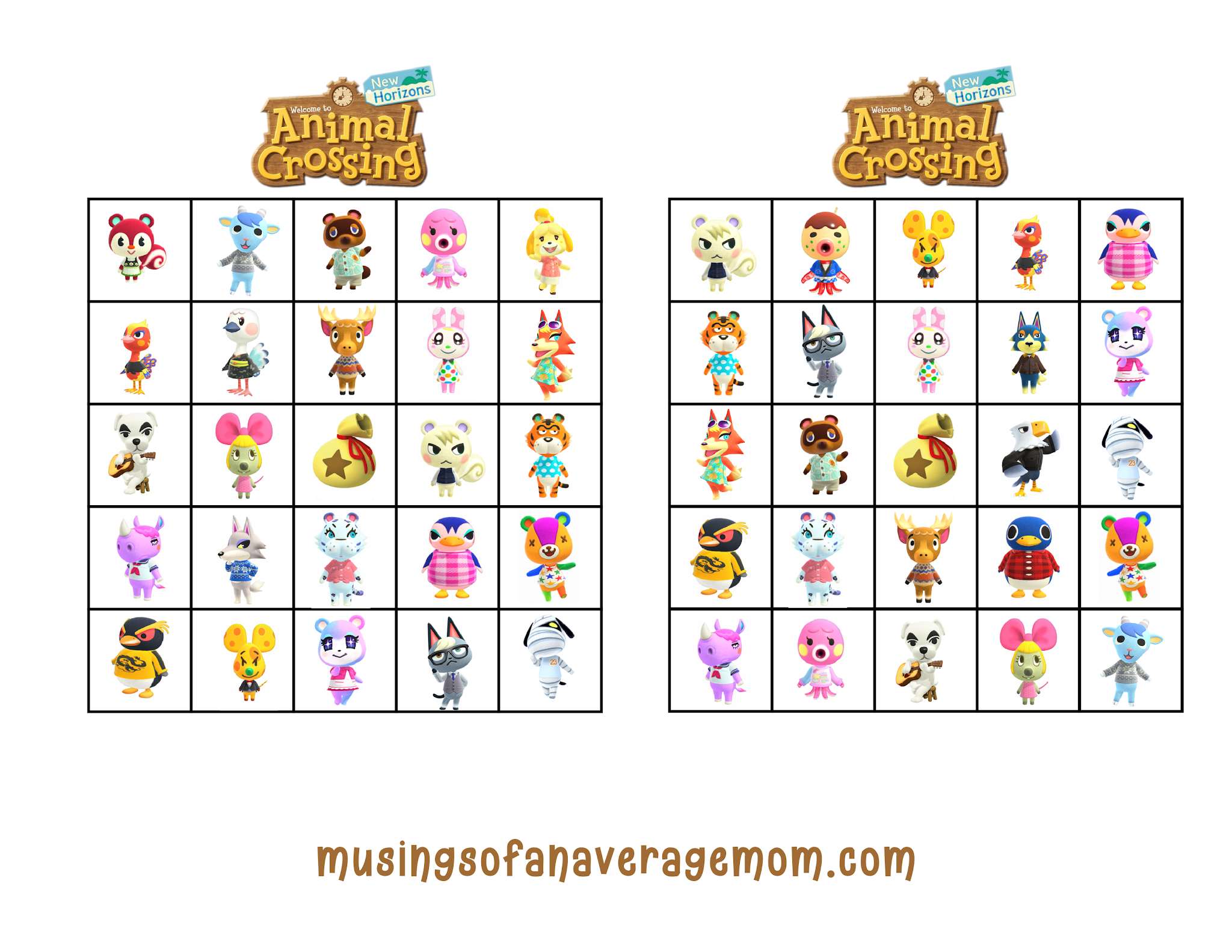 Musings of an Average Mom Animal Crossings New Horizons Bingo