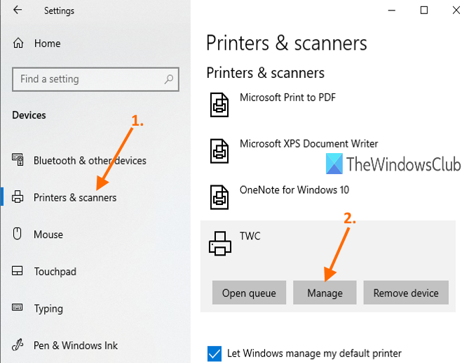 accéder à la page des imprimantes et des scanners et utiliser le bouton de gestion pour une imprimante