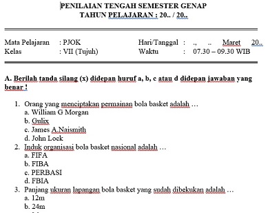 Download Contoh Soal PTS PJOK Kelas 7 Semester 2 Kurikulum 2013 Tahun