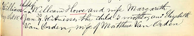 "Dutch Reformed Church Records in Selected States, 1639-1989," database and images, Ancestry (www.ancestry.com : accessed 21 May 2020), entry for William, child of William Howe and wife Margareth; citing New York City Lutheran, Volume 1, Book 85, p 585 [stamped], New York City, New York.