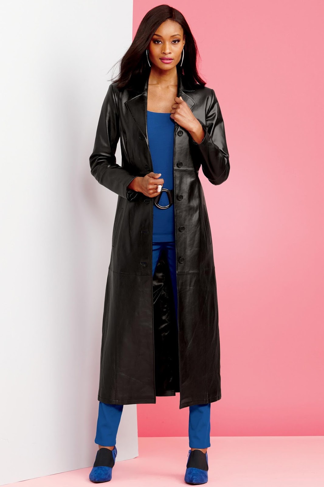 Ebony in long leather coat