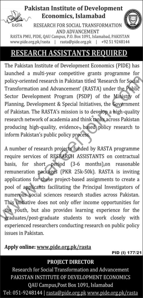 Pakistan Institute of Development Economics PIDE Jobs Research Assistants