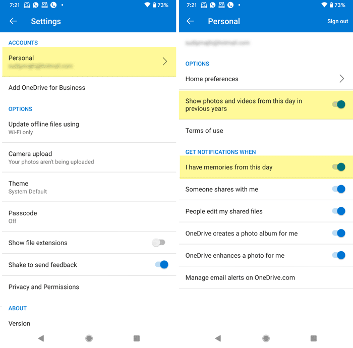 Как отключить уведомления OneDrive On this day на Android