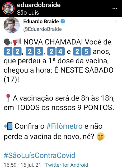 Calendário de vacinação contra a covid, em São Luís