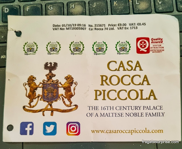 Ingresso para a Casa Rocca Piccola, Valeta, Malta