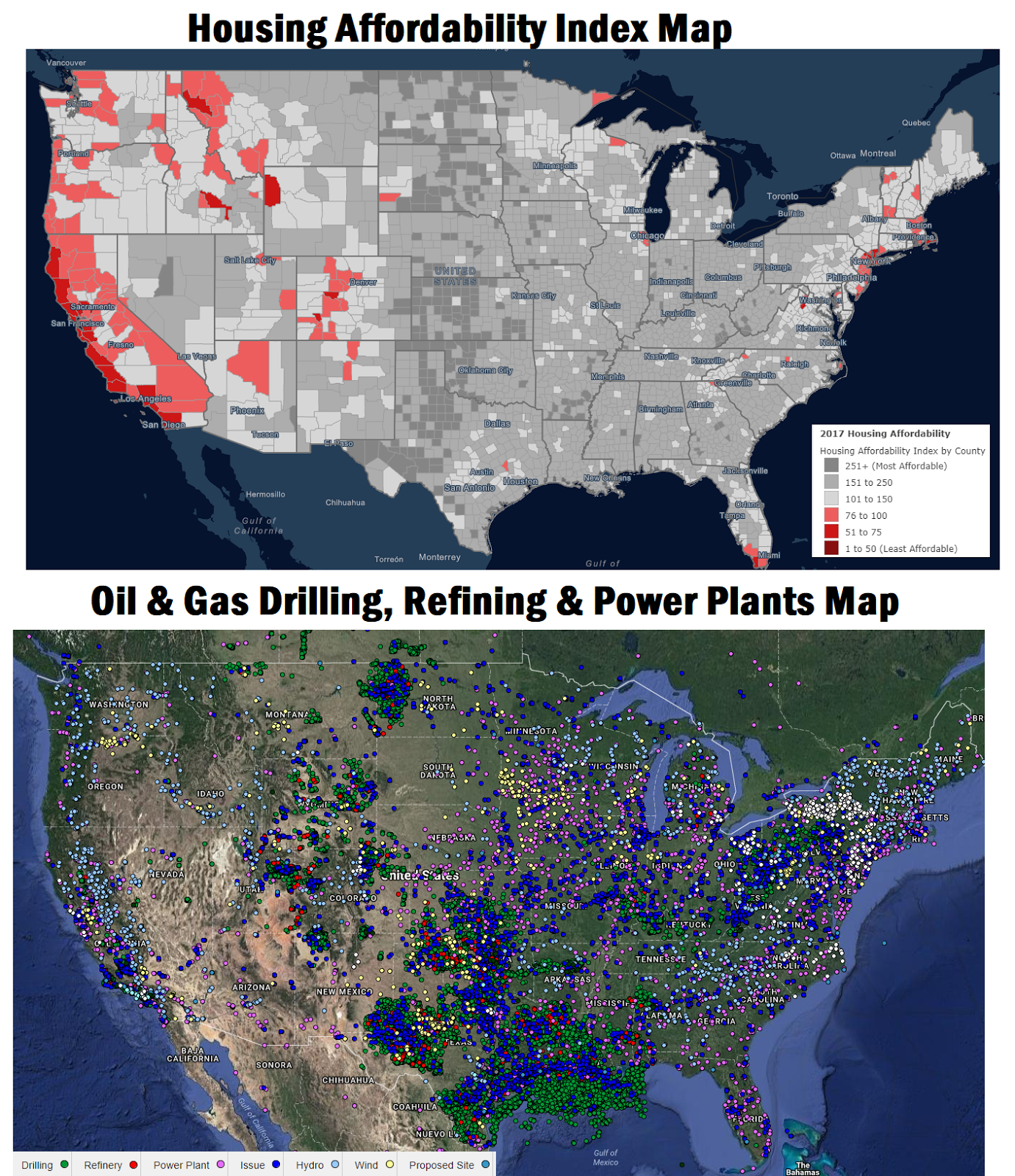 Housing Affordability Index Map vs Oil & Gas Drilling Refining
