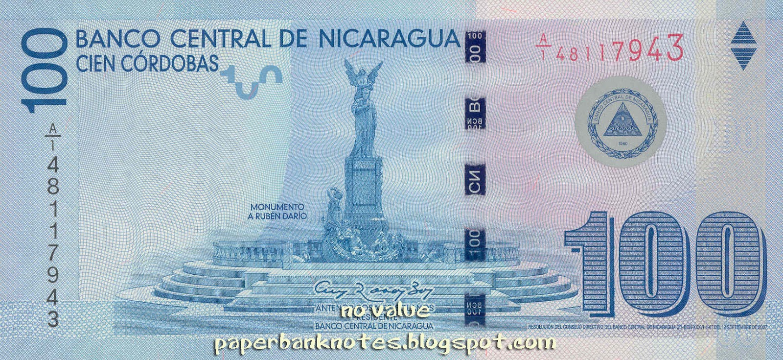 commemorative Nicaragua 100 Cordobas 100th Year of National Currency