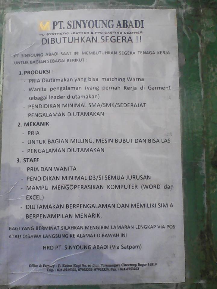 Loker PT Sinyong Abadi Citerup