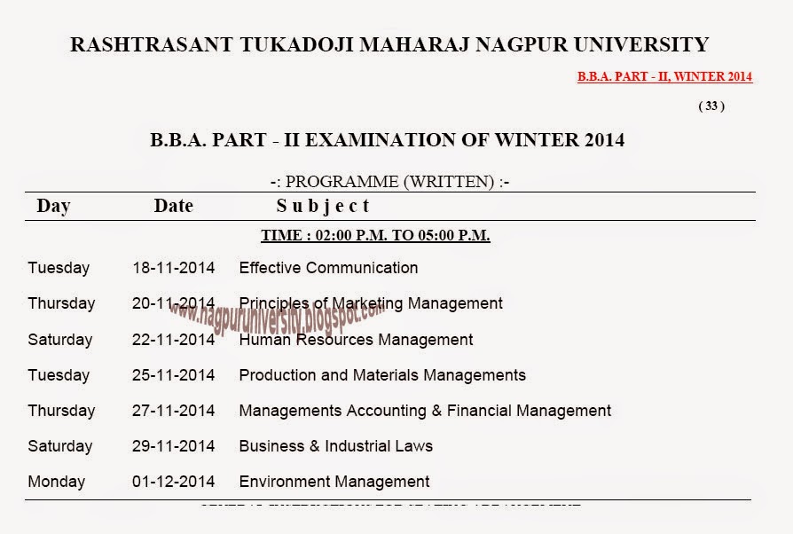 nagpur university Second Year B.B.A Exam Time Table Winter 2014 RTMNU