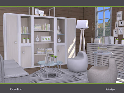 Carolina для The Sims 4 Набор для ваших гостиных. Включает 15 объектов, имеет черно-белую палитру. Предметы в наборе: - диван - кресло - тумбочка - кофейный столик - два вида подушек - место хранения - книжный шкаф - два вида шкафов - буфет - торшер - два вида картин - коврик Автор: soloriya