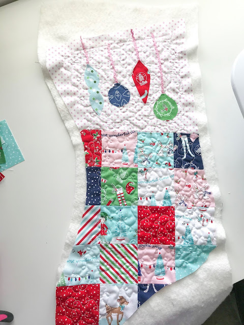 Christmas stocking with applique baubles by Anorina Morris