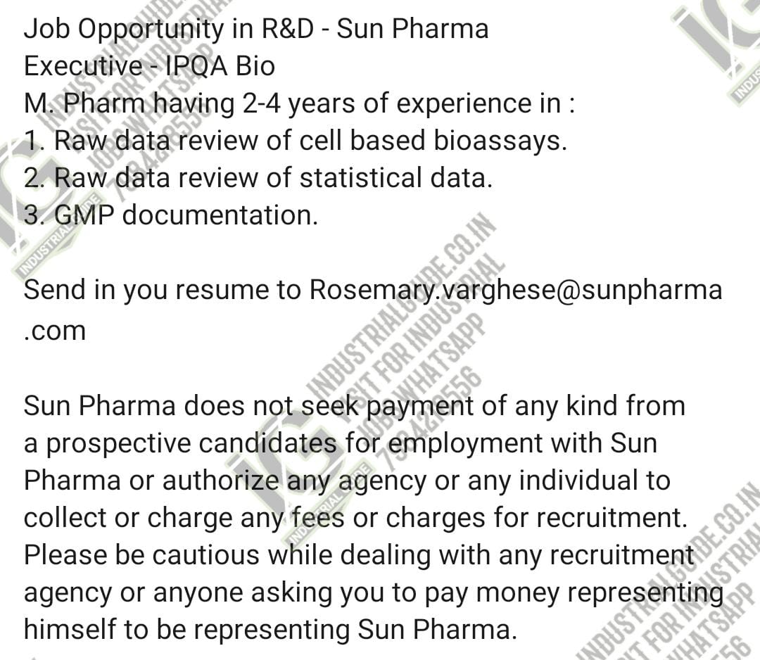 Sun Pharma jobs for Quality Control Quality Assurance IPQA apply now