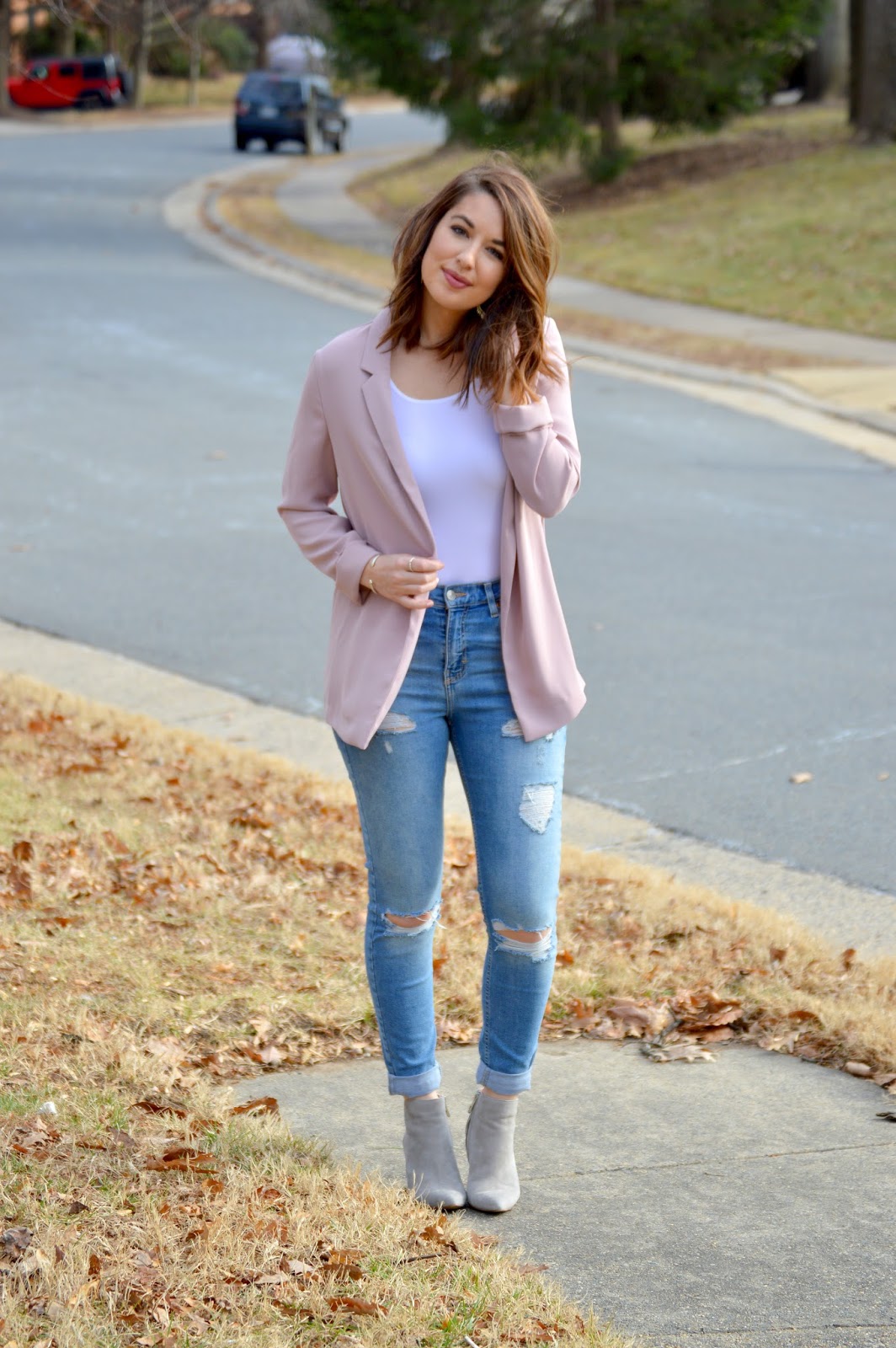 blush blazer outfit