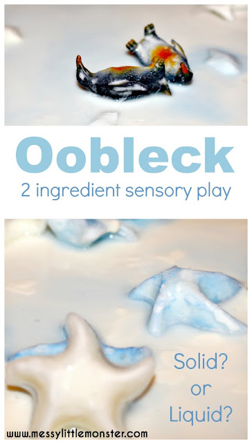 Frozen oobleck sensory play and science for kids. Simple 2 ingredient recipe. Create a winter and penguin theme small world.  Suitable for toddlers, preschoolers, eyfs. 