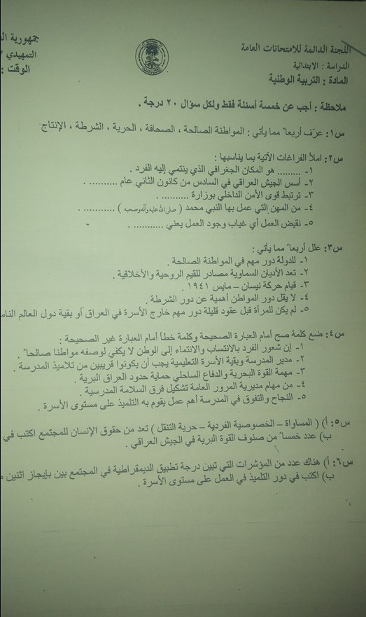 الاسئلة التمهيدية للصف السادس الابتدائي لجميع المواد لسنة 2016