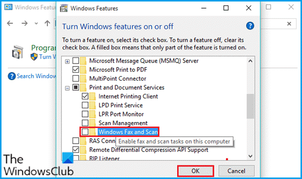 Disattiva e riattiva Windows Fax e Scan