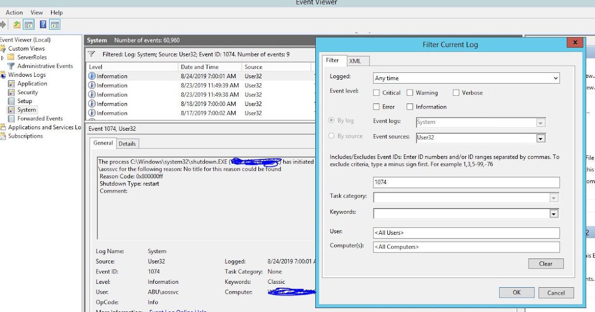 Event Viewer for checking Restart Maching Transfer Knowledge