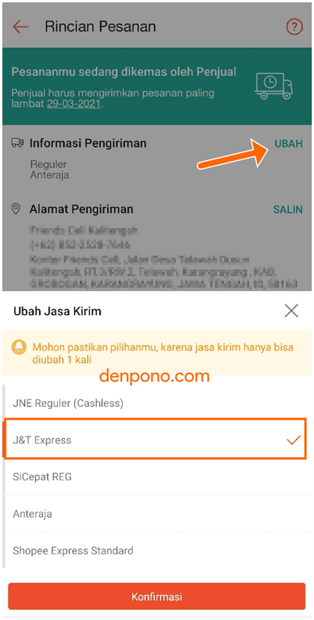 cara mengubah ganti atau memilih sendiri jasa pengiriman di shopee