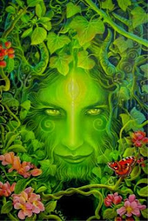 An strangely attractive Green Lady of Wahiawa Close-up of a drawing of a green woman's head with leaves and flowers surrounding her face. The Green Lady of Wahiawa