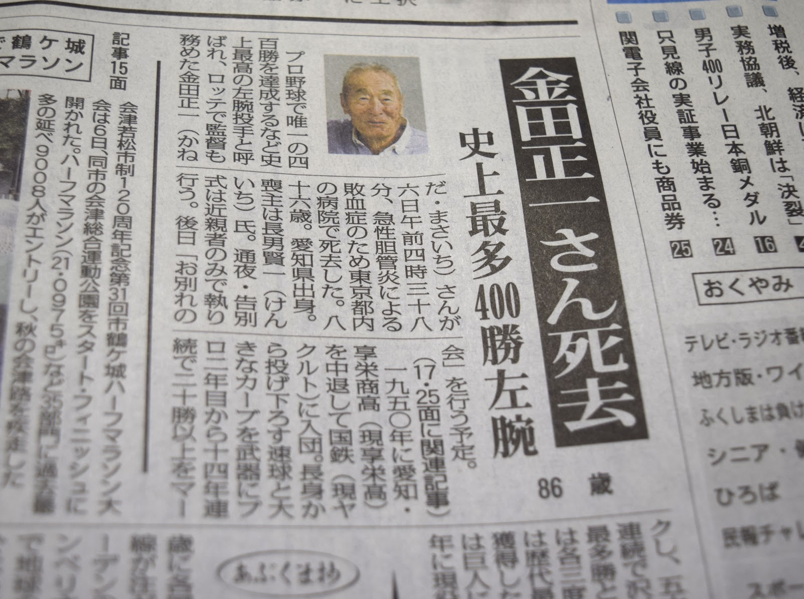 磐城蘭土紀行 金田正一投手 逝く