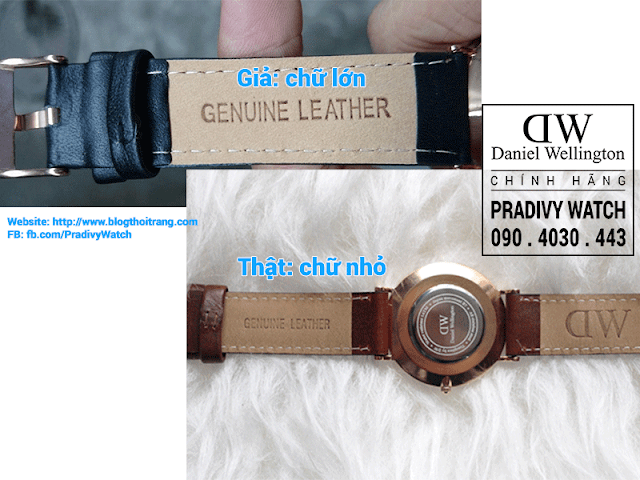 Chữ GENUINE LEATHER trên dây da đồng hồ thật nhỏ gọn và sắc nét, trong khi chữ trên dây đồng hồ giả lớn hơn và không sắc nét bằng.
