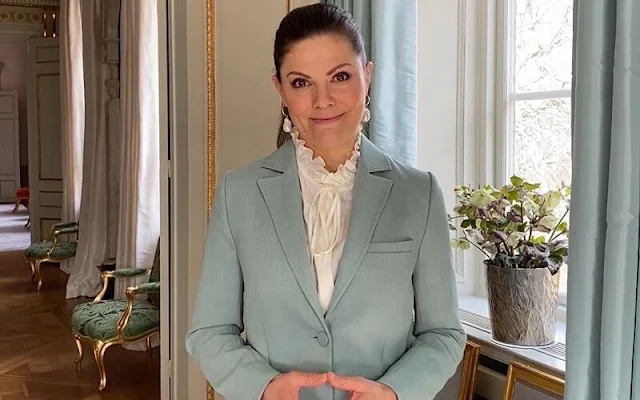 Crown Princess Victoria wore a green anitalia blazer from Rodebjer, and baroque pearl earrings from Cravingfor Jewellery. Princess Estelle