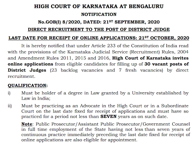 District Judge ( 30 posts ) - High Court of Karnataka  - last date 21/10/2020