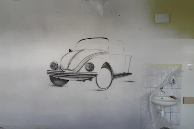 Malowanie VW garbusa na ścianie, mural ścienny, kultowe auto, Wystrój sali języka niemieckiego, malowanie murali na zamówienia