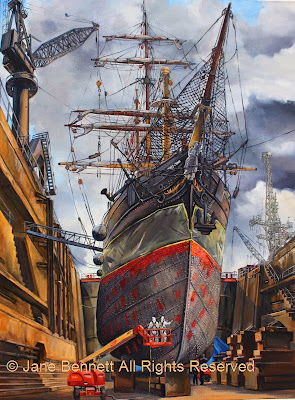 Plein air oil painting of tall ship James Craig in Garden Island Drydock painted by industrial heritage artist Jane Bennett