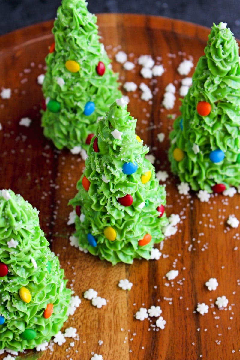 Top view of Ice Cream Cone Christmas Trees on a wooden stand.