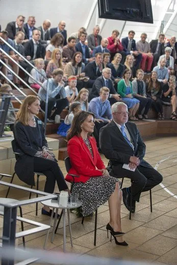 Princess Marie wore Alexander McQueen crepe jacket, and Tara Jarmon clover-print dress, Jimmy Choo pumps, carried Carlend Copenhagen clutch