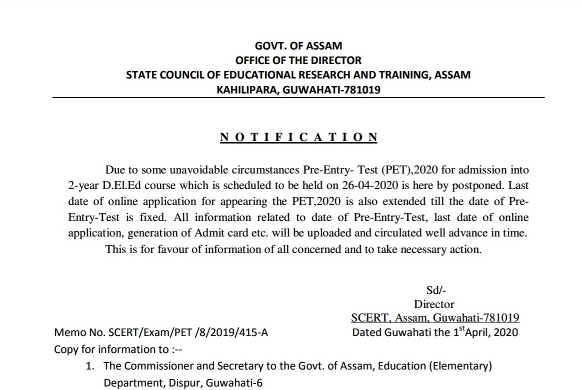 SCERT Assam D.El.Ed. Admission 2020: PET 2020 Postponed