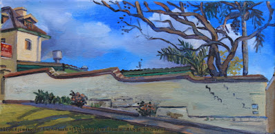 plein air oil painting of colonial heritage architecture,the wall between 'Howe House' (formerly the Hawkesbury Museum) & the Macquarie Arms in Thompson's Square, Windsor, painted by artist Jane Bennett