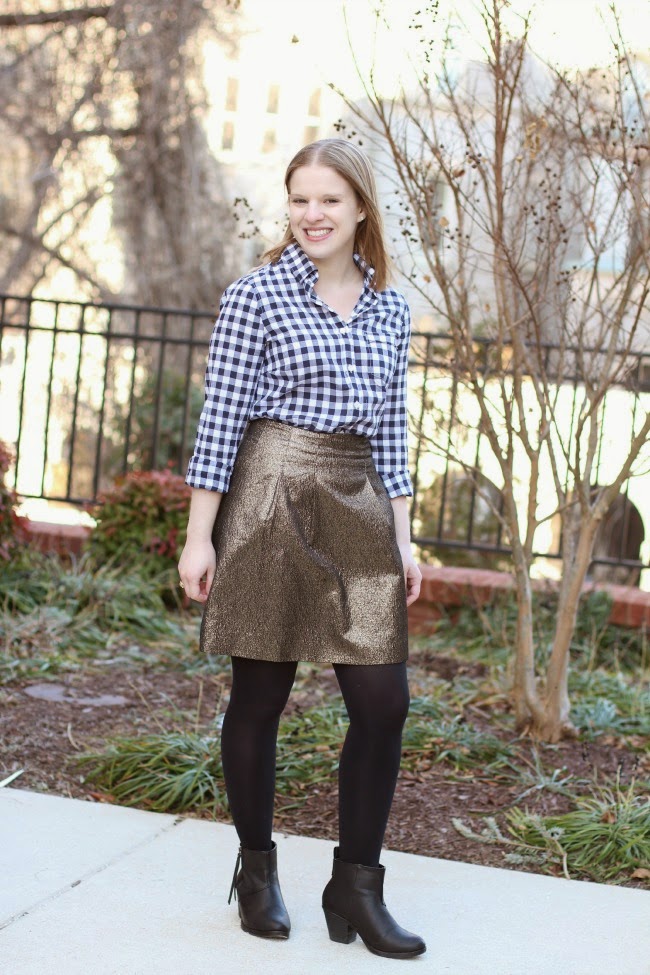 Style to Inspire Weekly Link Up | Something Good, le tote, black tights, black booties, gold skirt, gingham button down