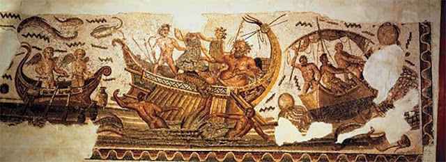 Дионис изгоняет пиратов из Тирренского моря. Впрочем, богу не удалось полностью очистить воды от морских разбойников, эта проблема осталась в наследство римлянам.