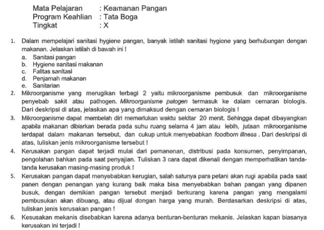 Soal PAT Keamanan Pangan Kelas 10 Tahun 2020 Pendidikan