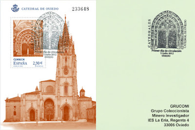 tarjeta, matasellos, hoja bloque, catedral, Oviedo, filatalia